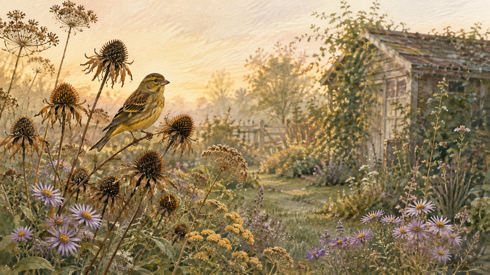 A small songbird among seed heads and soft garden foliage, painted in warm green, cream, and muted lavender.